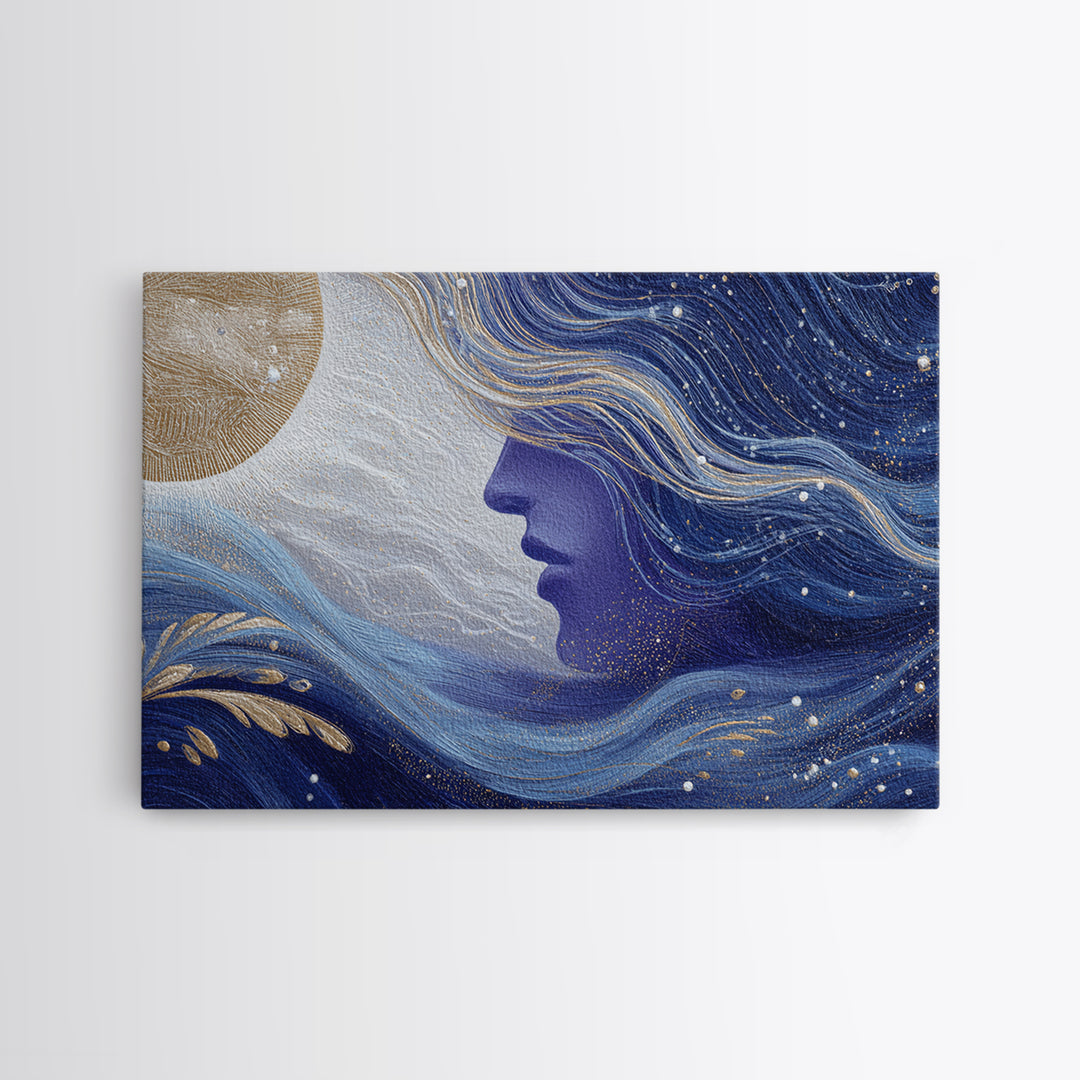 Moon Goddess with Flowing Hair and Constellations Framed Canvas Print, Astrology Art, Boho Decor, Living Room Decor, Zodiac, AST-3x2-7