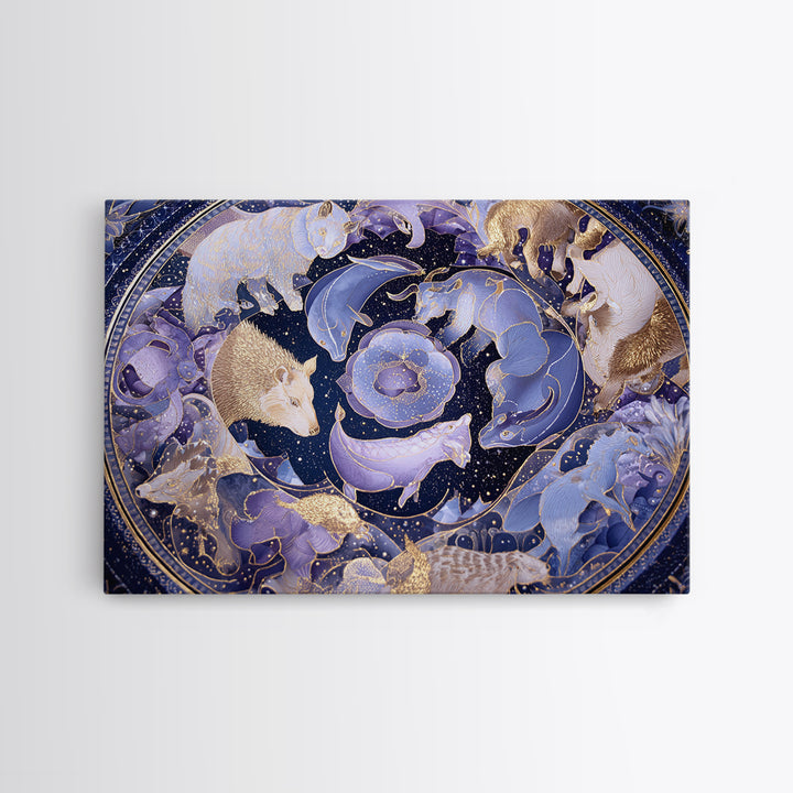 Twelve Zodiac Animals Arranged Framed Canvas Print, Astrology Art, Zodiac Sign Wall Art, Living Room Decor, Oil Painting, AST-3x2-8