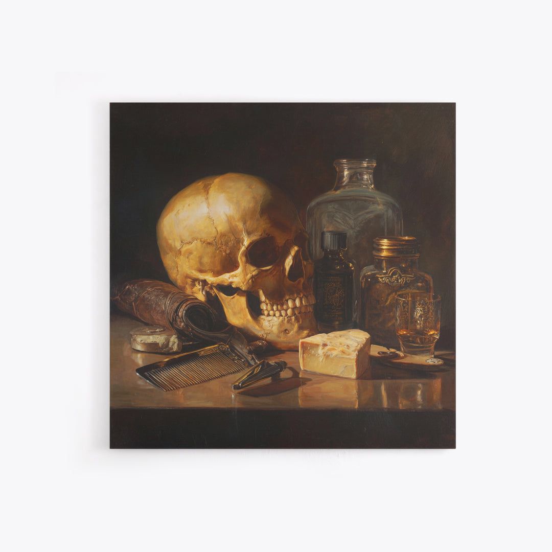 Skull with Comb and Razor in Tattoo Canvas Print, Barbershop Art, Unique Wall Art, Barbershop Decor, Oil Painting, Grooming, BAA-1x1-15