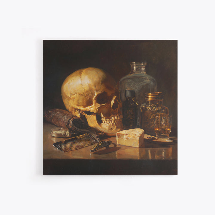 Skull with Comb and Razor in Tattoo Canvas Print, Barbershop Art, Unique Wall Art, Barbershop Decor, Oil Painting, Grooming, BAA-1x1-15