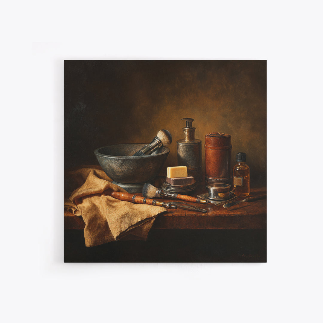 Hot Towel Shave Scene Cropped Close to Framed Canvas Print, Barbershop Art, Urban Wall Art, Barbershop Decor, Oil Painting, BAA-1x1-37