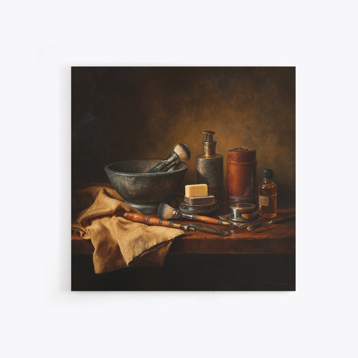 Hot Towel Shave Scene Cropped Close to Framed Canvas Print, Barbershop Art, Urban Wall Art, Barbershop Decor, Oil Painting, BAA-1x1-37