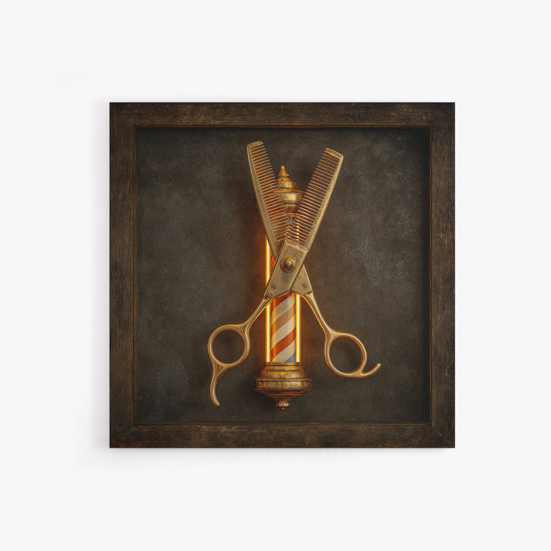 Neon Scissors Icon Framed Canvas Print, Barbershop Art, Extra Large Wall Art, Barbershop Decor, Oil Painting, Grooming, BAA-1x1-43