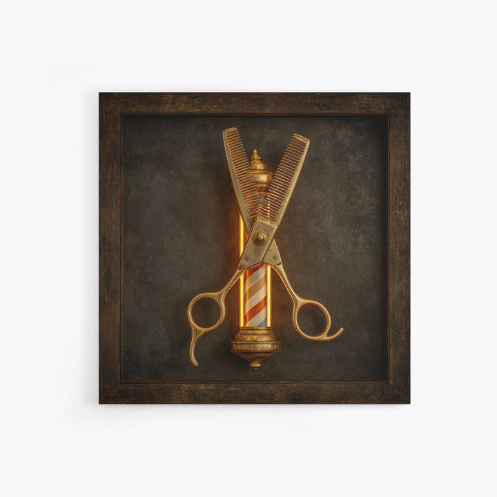 Neon Scissors Icon Framed Canvas Print, Barbershop Art, Extra Large Wall Art, Barbershop Decor, Oil Painting, Grooming, BAA-1x1-43