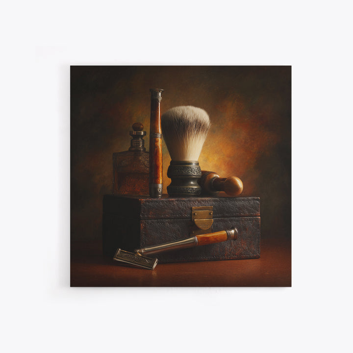 Straight Razor and Shaving Brush on Dark Canvas Print, Barbershop Art, Afrocentric Wall Art, Barbershop Decor, Grooming, BAA-1x1-50