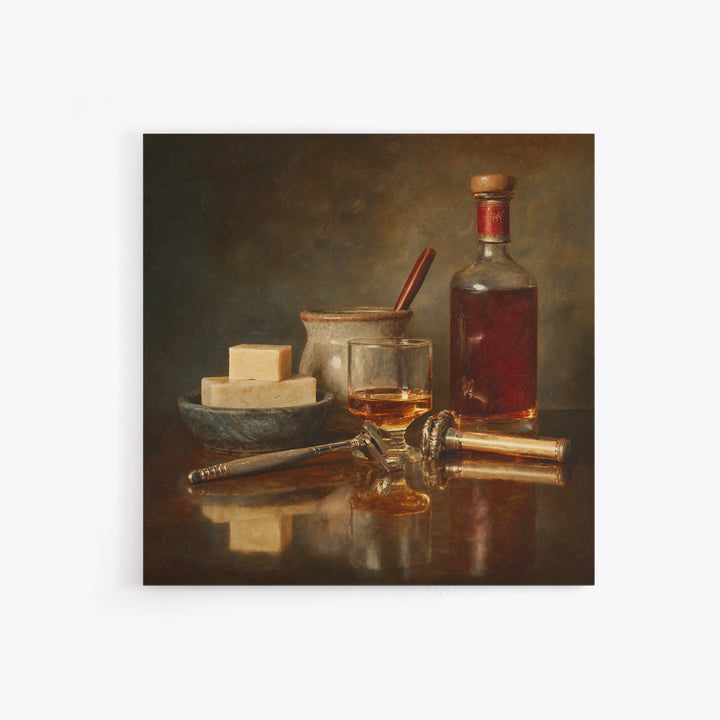 Whiskey and Straight Razor Masculine Still Life Canvas Print, Barbershop Art, Orange Wall Art, Barbershop Decor, Abstract Art, BAA-1x1-55