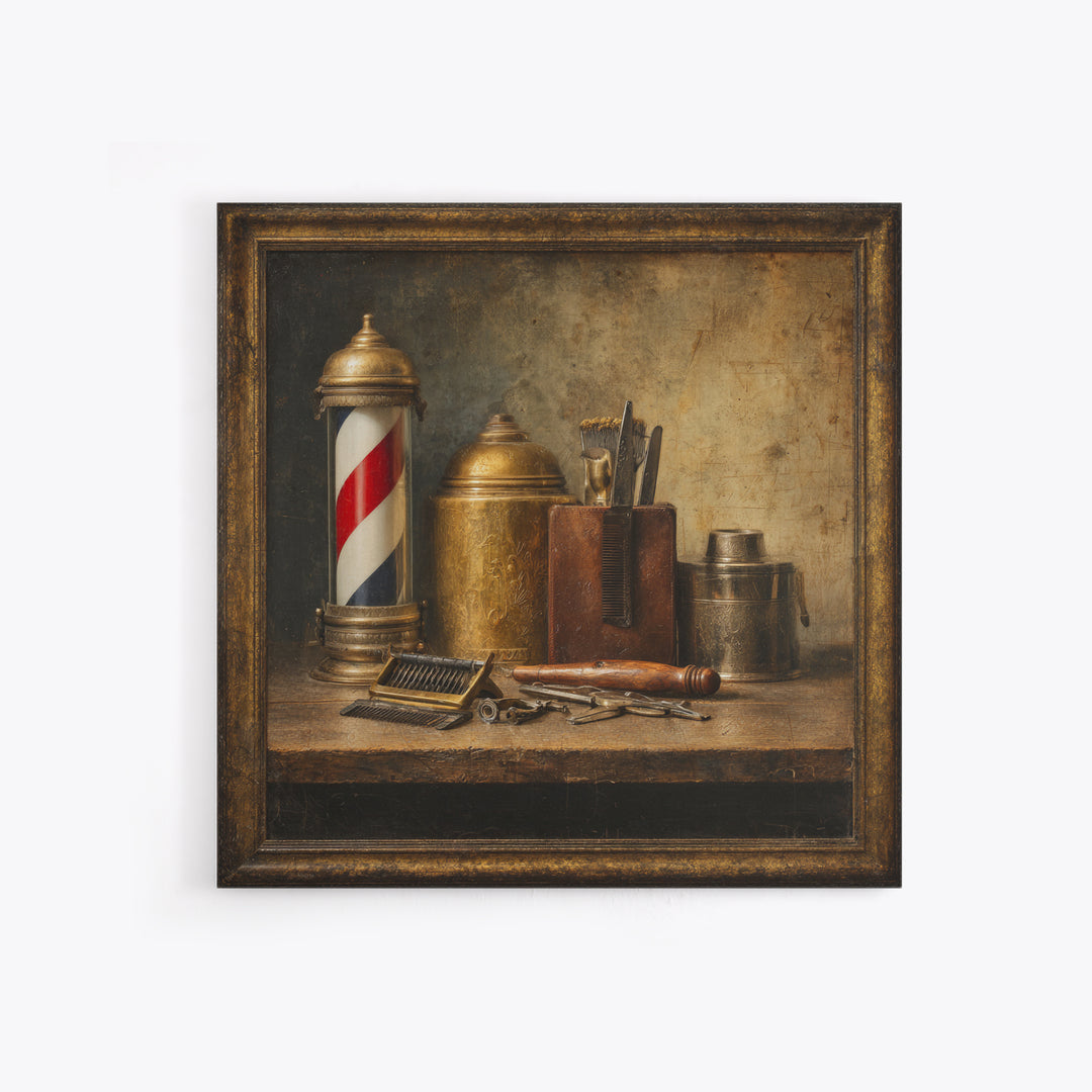 Antique Clippers and Combs on Worn Wood Framed Canvas Print, Barbershop Art, Black Man Art, Barbershop Decor, Abstract Art, BAA-1x1-57