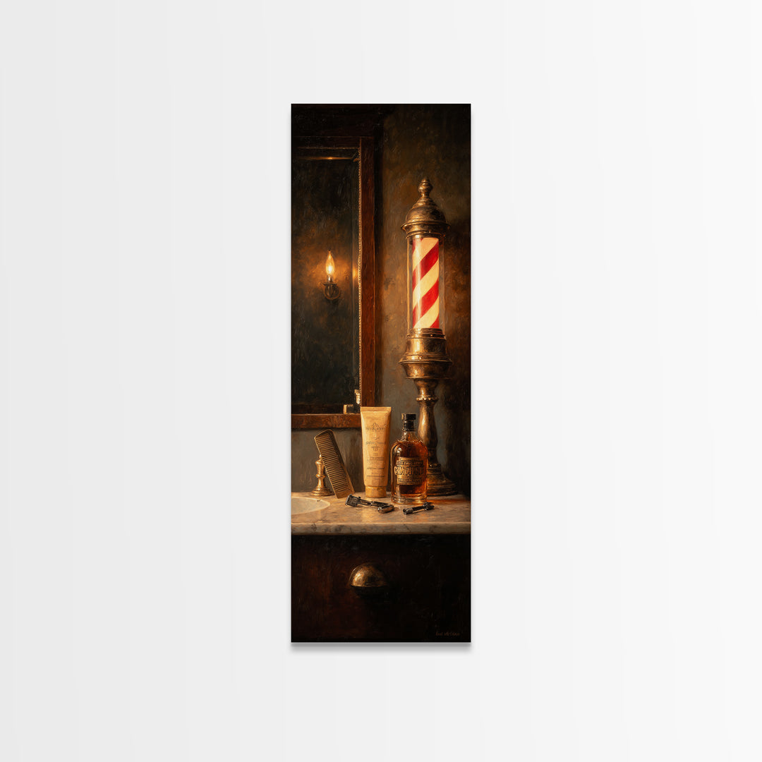 Whiskey and Straight Razor Masculine Still Life Canvas Print, Barbershop Art, Statement Artwork, Barbershop Decor, Grooming, BAA-1x3-19
