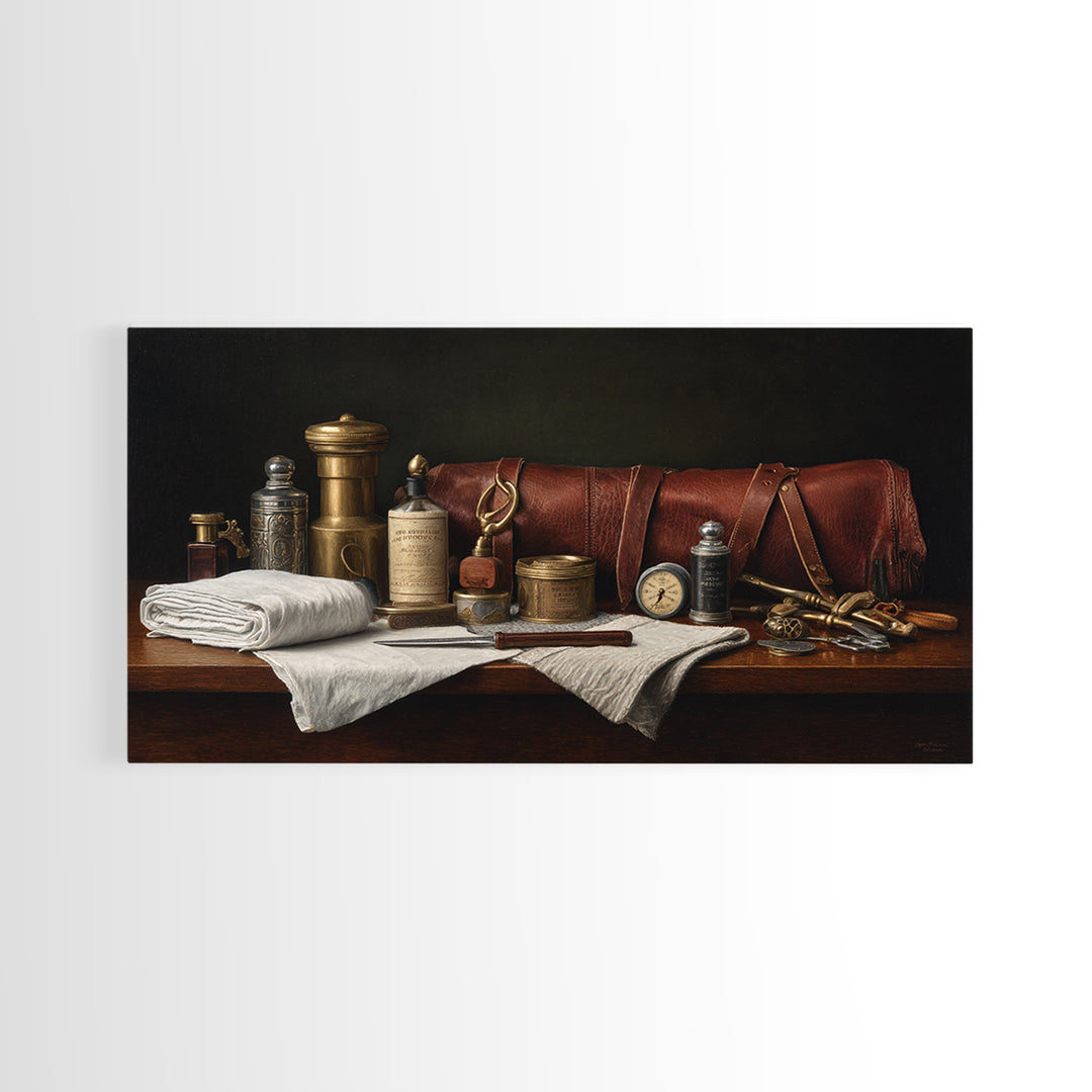 Leather Apron and Brass Tools Still Life Framed Canvas Print, Barbershop Art, Home Decor, Barbershop Decor, Fine Art, Grooming, BAA-2x1-42