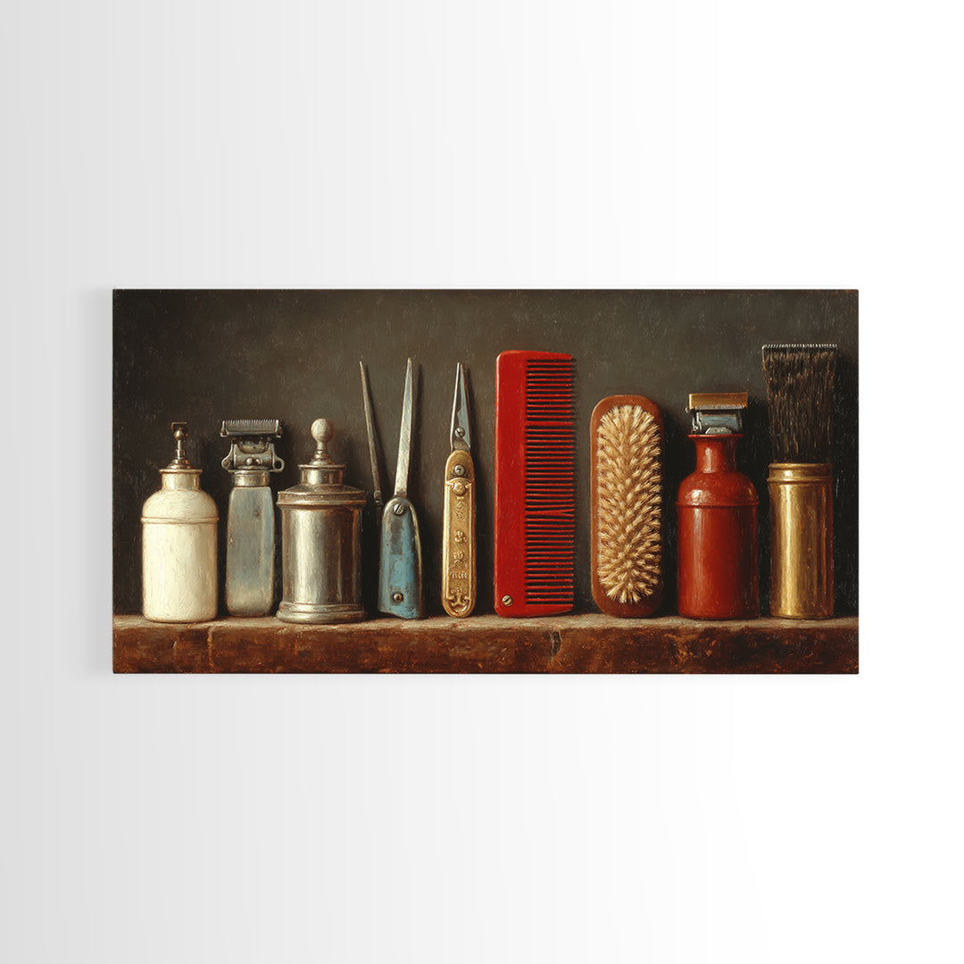 Antique Clippers and Combs on Worn Wood Canvas Print, Barbershop Art, Digital Prints, Barbershop Decor, Oil Painting, Grooming, BAA-2x1-77