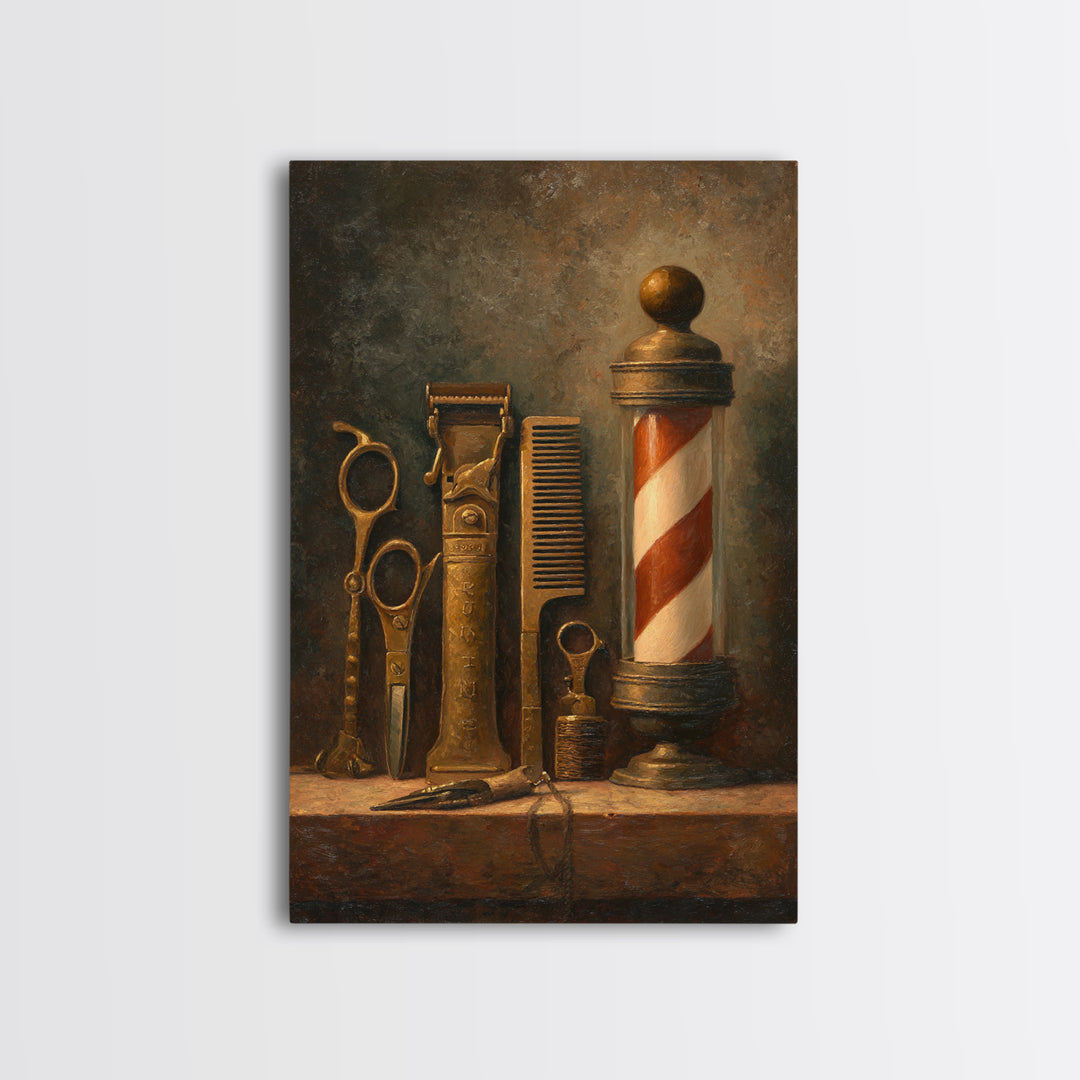 Antique Clippers and Combs on Worn Wood Framed Canvas Print, Barbershop Art, Barbershop Decor, Abstract Art, Grooming, BAA-2x3-41