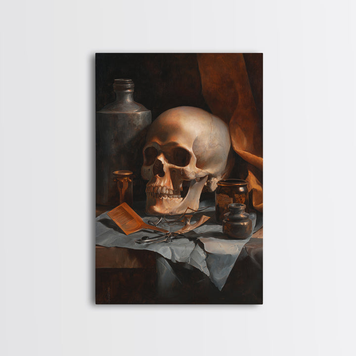 Skull with Comb and Razor in Tattoo Framed Canvas Print, Barbershop Art, Neutral Decor, Barbershop Decor, Abstract Art, BAA-2x3-47