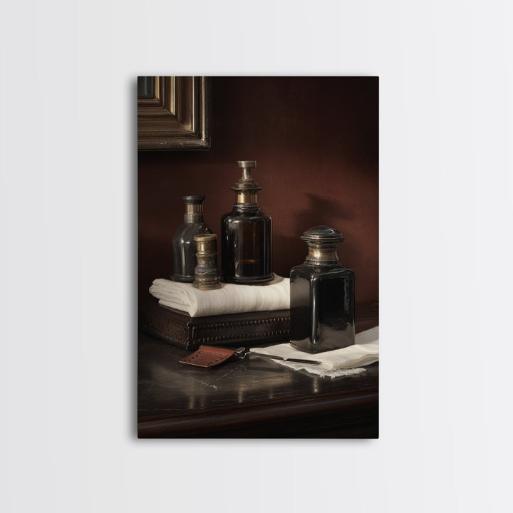Old World Apothecary Bottles for Grooming Oils Canvas Print, Barbershop Art, Quirky Home Decor, Barbershop Decor, Grooming, BAA-2x3-52