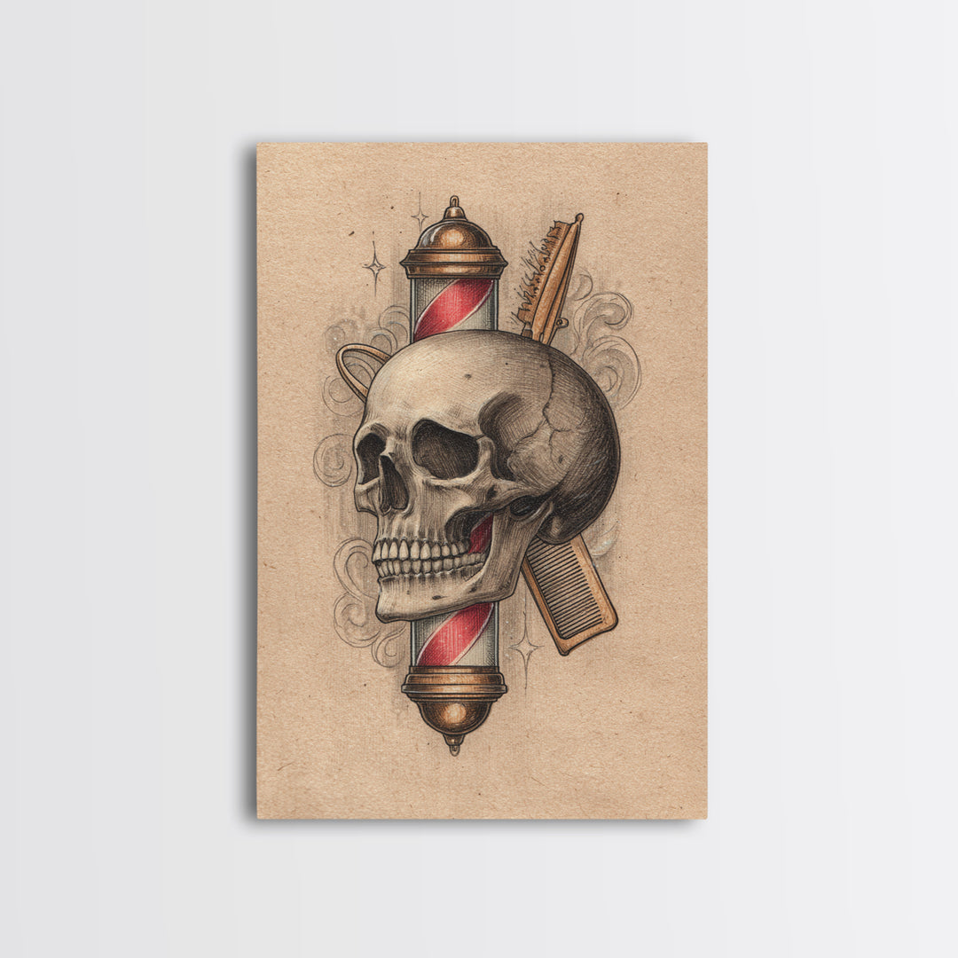 Skull with Comb and Razor in Tattoo Canvas Print, Barbershop Art, Luxury Decor, Barbershop Decor, Fine Art, Grooming, BAA-2x3-71