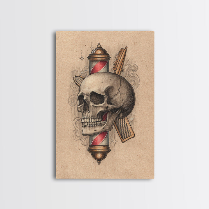 Skull with Comb and Razor in Tattoo Canvas Print, Barbershop Art, Luxury Decor, Barbershop Decor, Fine Art, Grooming, BAA-2x3-71