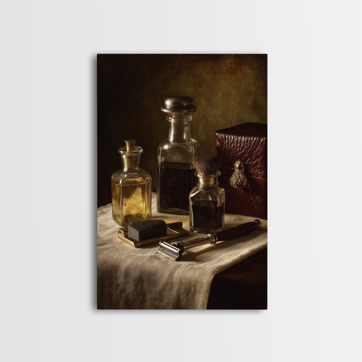 Old World Apothecary Bottles for Grooming Oils Canvas Print, Barbershop Art, Digital Wall Art, Barbershop Decor, Grooming, BAA-2x3-76