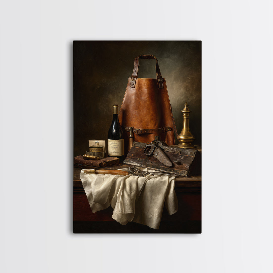 Leather Apron and Brass Tools Still Life Framed Canvas Print, Barbershop Art, Minimalist Decor, Barbershop Decor, Grooming, BAA-2x3-78