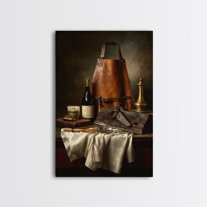Leather Apron and Brass Tools Still Life Framed Canvas Print, Barbershop Art, Minimalist Decor, Barbershop Decor, Grooming, BAA-2x3-78
