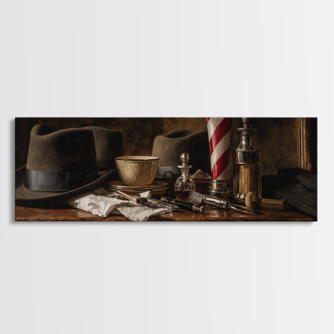 Moody Gentleman Portrait Framed Canvas Print, Barbershop Art, Wall Art, Barbershop Decor, Oil Painting, Grooming, BAA-3x1-2
