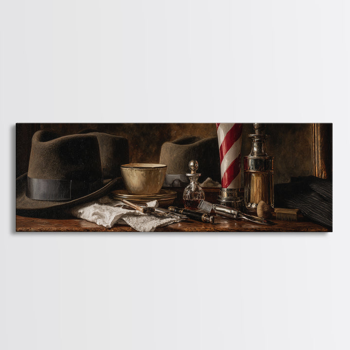 Moody Gentleman Portrait Framed Canvas Print, Barbershop Art, Wall Art, Barbershop Decor, Oil Painting, Grooming, BAA-3x1-2