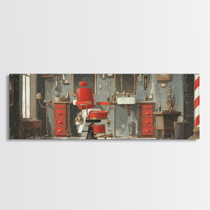 Barber Chair Silhouette Rendered as Iconic Graphic Canvas Print, Barbershop Art, Neutral Decor, Barbershop Decor, Grooming, BAA-3x1-27