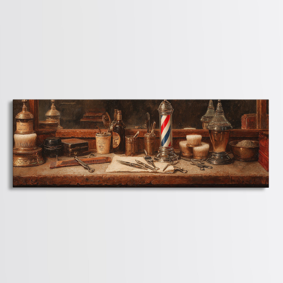 Antique Clippers and Combs on Worn Wood Canvas Print, Barbershop Art, Black Wall Art, Barbershop Decor, Abstract Art, Grooming, BAA-3x1-49
