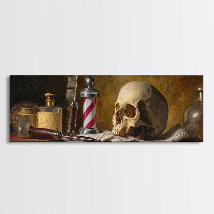 Skull with Comb and Razor in Tattoo Framed Canvas Print, Barbershop Art, Room Decor, Barbershop Decor, Fine Art, Grooming, BAA-3x1-55