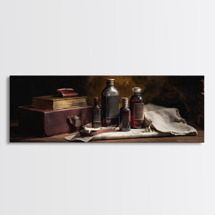 Old World Apothecary Bottles for Grooming Oils Framed Canvas Print, Barbershop Art, Modern Decor, Barbershop Decor, Grooming, BAA-3x1-60