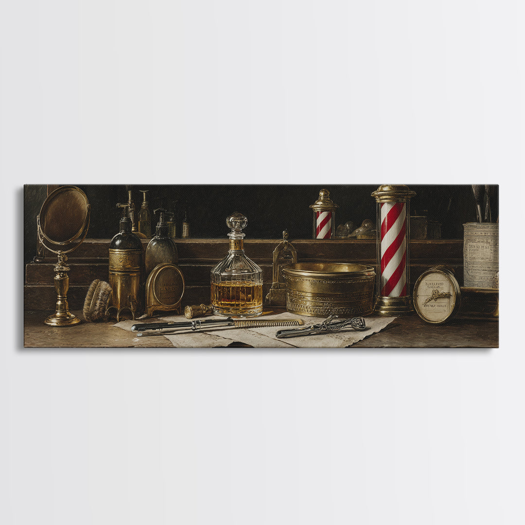Whiskey and Straight Razor Masculine Still Life Canvas Print, Barbershop Art, Oil Painting, Barbershop Decor, Grooming, BAA-3x1-71