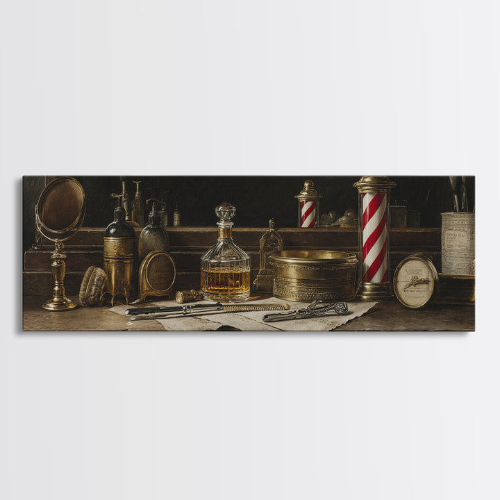 Whiskey and Straight Razor Masculine Still Life Canvas Print, Barbershop Art, Oil Painting, Barbershop Decor, Grooming, BAA-3x1-71