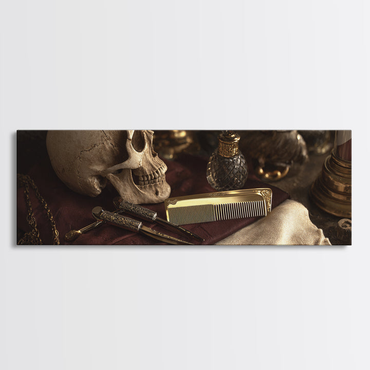Skull with Comb and Razor in Tattoo Framed Canvas Print, Barbershop Art, Black Art, Barbershop Decor, Oil Painting, Grooming, BAA-3x1-79