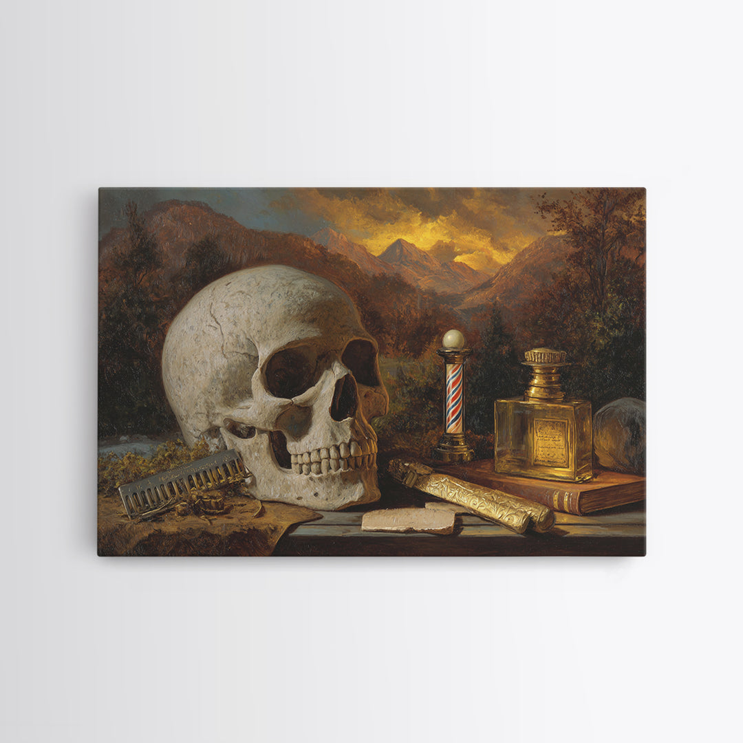 Skull with Comb and Razor in Tattoo Framed Canvas Print, Barbershop Art, Retro Wall Art, Barbershop Decor, Fine Art, Grooming, BAA-3x2-19