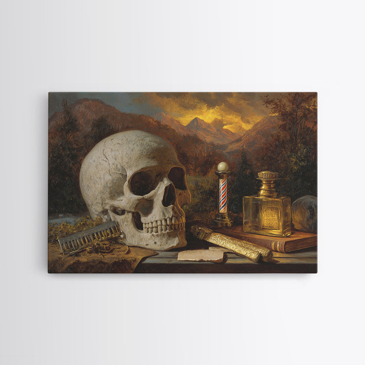 Skull with Comb and Razor in Tattoo Framed Canvas Print, Barbershop Art, Retro Wall Art, Barbershop Decor, Fine Art, Grooming, BAA-3x2-19