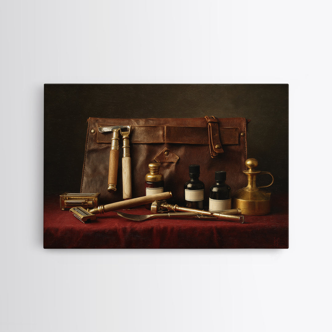 Leather Apron and Brass Tools Still Life Framed Canvas Print, Barbershop Art, Minimalist Decor, Barbershop Decor, Grooming, BAA-3x2-2