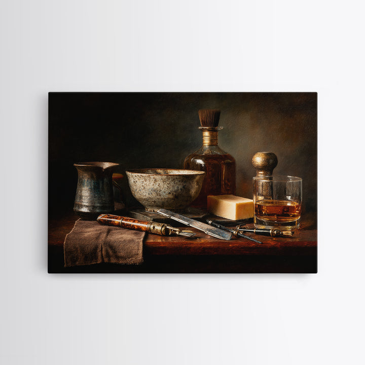 Whiskey and Straight Razor Masculine Still Life Canvas Print, Barbershop Art, Black Art Prints, Barbershop Decor, Grooming, BAA-3x2-35