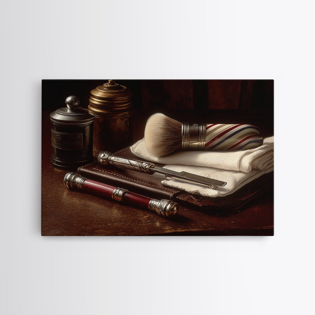 Straight Razor and Shaving Brush on Dark Framed Canvas Print, Barbershop Art, Oil Painting, Barbershop Decor, Grooming, BAA-3x2-6