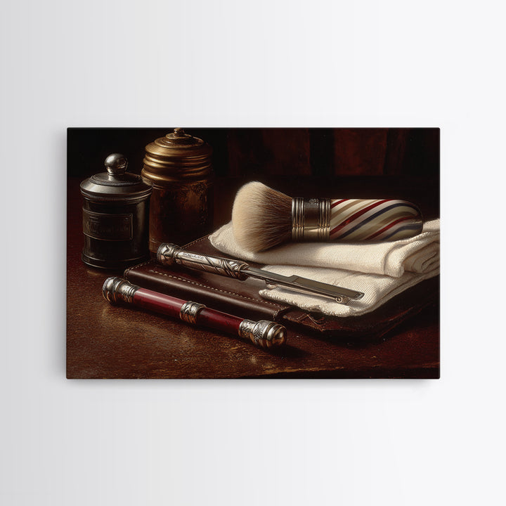 Straight Razor and Shaving Brush on Dark Framed Canvas Print, Barbershop Art, Oil Painting, Barbershop Decor, Grooming, BAA-3x2-6