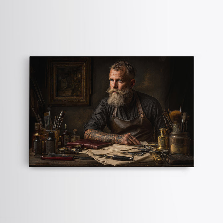 Tattooed Barber Portrait Framed Canvas Print, Barbershop Art, Art Print, Barbershop Decor, Grooming, African American Art, BAA-3x2-8