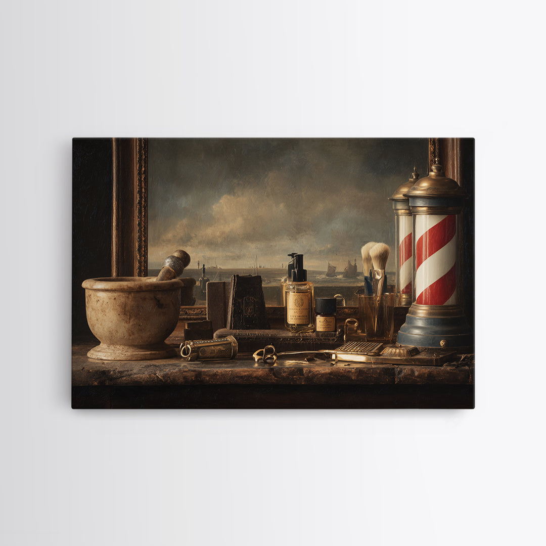 Antique Clippers and Combs on Worn Wood Framed Canvas Print, Barbershop Art, Living Room Art, Barbershop Decor, Grooming, BAA-3x2-85