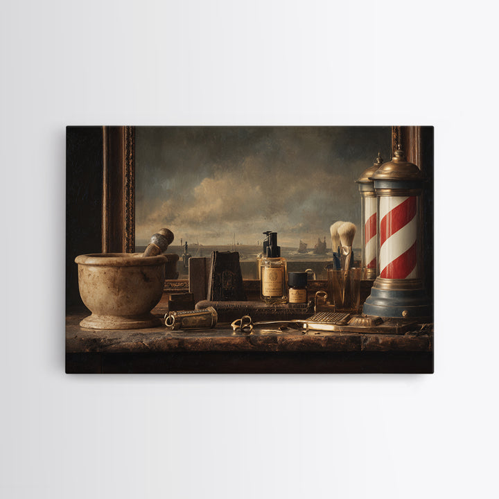 Antique Clippers and Combs on Worn Wood Framed Canvas Print, Barbershop Art, Living Room Art, Barbershop Decor, Grooming, BAA-3x2-85
