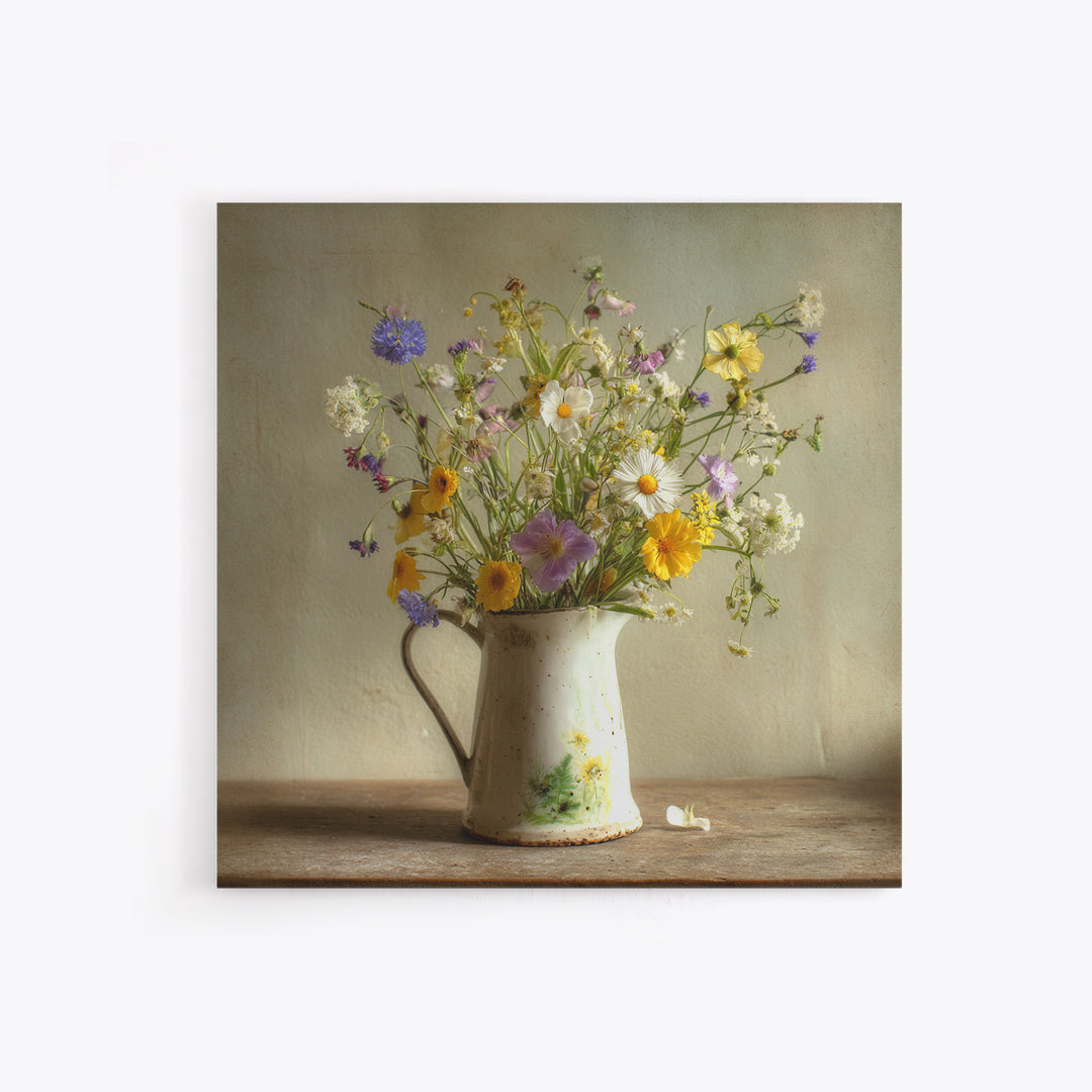 Country Wildflowers in a Chipped Ceramic Pitcher Canvas Print, Bed and Breakfast Art, Modern Decor, Living Room Decor, BAB-1x1-1