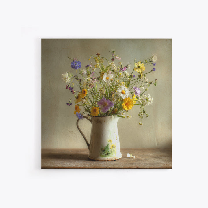 Country Wildflowers in a Chipped Ceramic Pitcher Canvas Print, Bed and Breakfast Art, Modern Decor, Living Room Decor, BAB-1x1-1