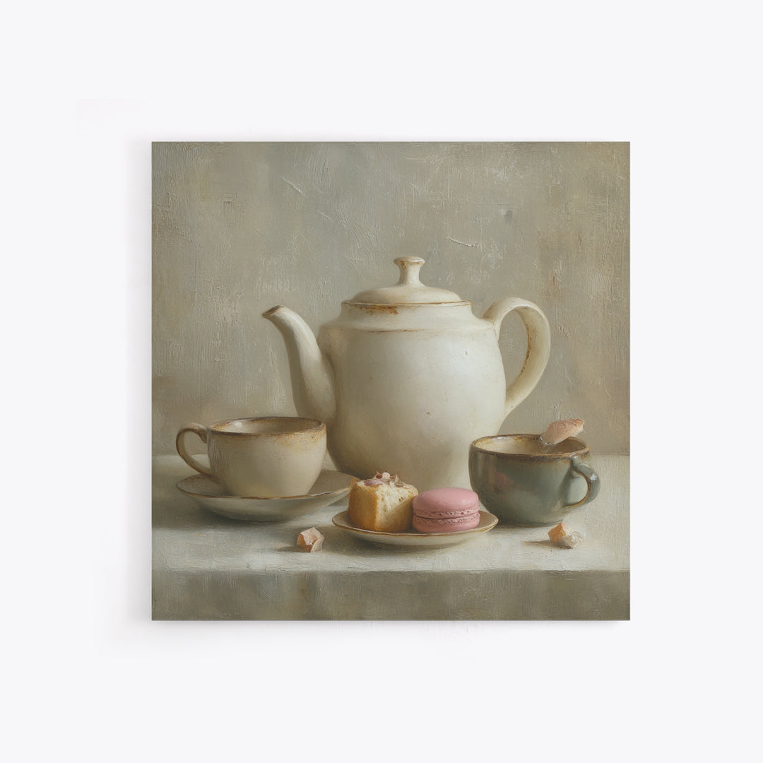 Porcelain Teapot and Scones Framed Canvas Print, Bed and Breakfast Art, Wall Decor, Living Room Decor, Fine Art, BAB-1x1-12