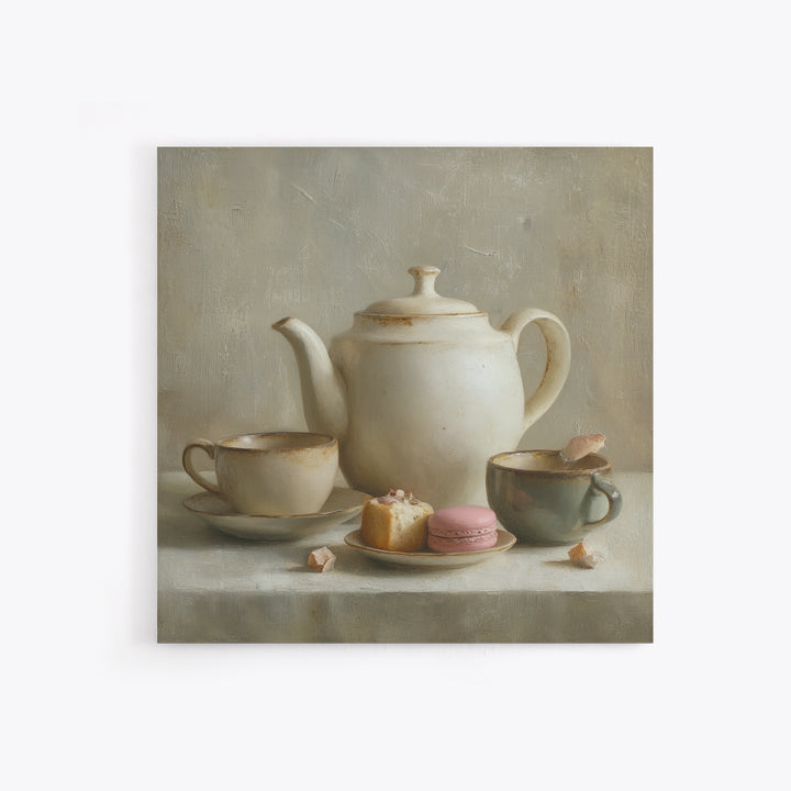 Porcelain Teapot and Scones Framed Canvas Print, Bed and Breakfast Art, Wall Decor, Living Room Decor, Fine Art, BAB-1x1-12