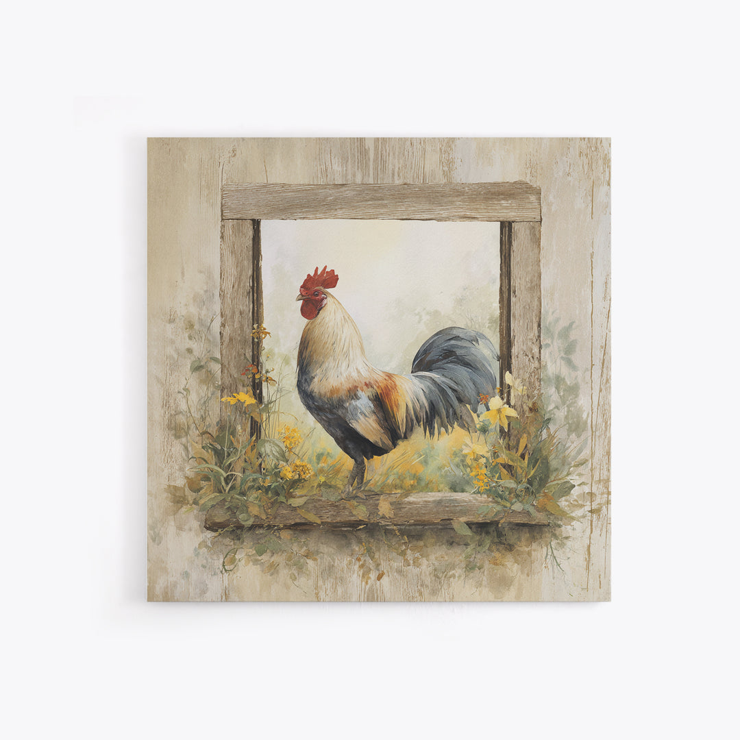 Rooster and Wildflower Country Portrait Canvas Print, Bed and Breakfast Art, Living Room Decor, Fine Art, Folk Art, BAB-1x1-19