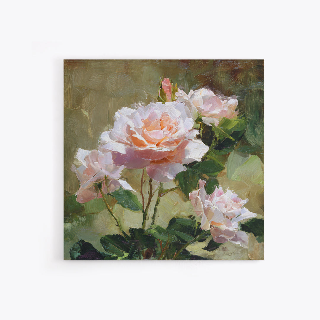 Garden Roses in Romantic Oil Paint Framed Canvas Print, Bed and Breakfast Art, Neutral Decor, Living Room Decor, Oil Painting, BAB-1x1-21