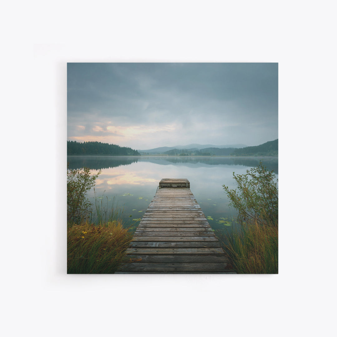 Quiet Lake Dock at Early Morning Canvas Print, Bed and Breakfast Art, Farmhouse Wall Decor, Living Room Decor, Fine Art, BAB-1x1-22