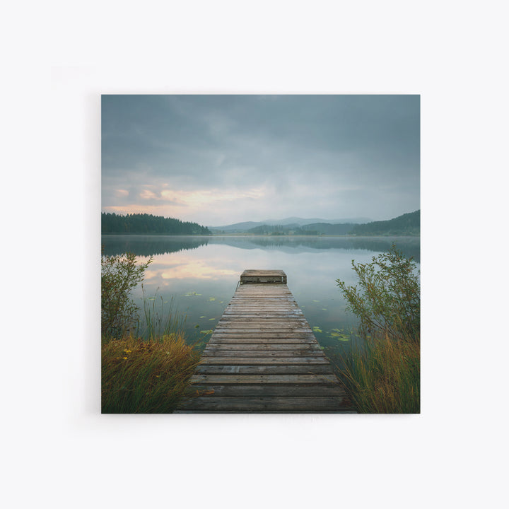 Quiet Lake Dock at Early Morning Canvas Print, Bed and Breakfast Art, Farmhouse Wall Decor, Living Room Decor, Fine Art, BAB-1x1-22