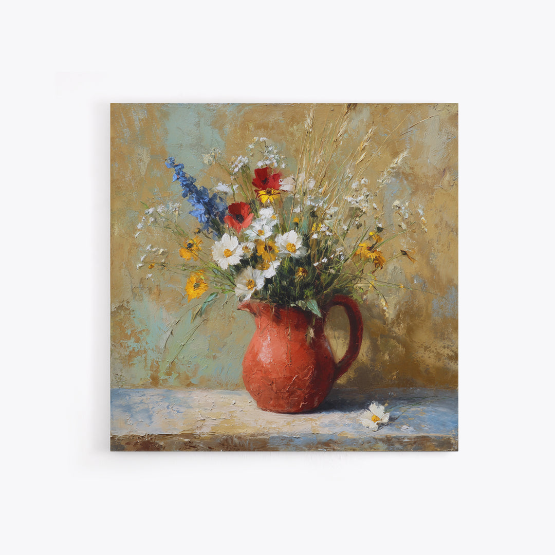 Country Wildflowers in a Chipped Ceramic Pitcher Canvas Print, Bed and Breakfast Art, Room Decor, Living Room Decor, BAB-1x1-25