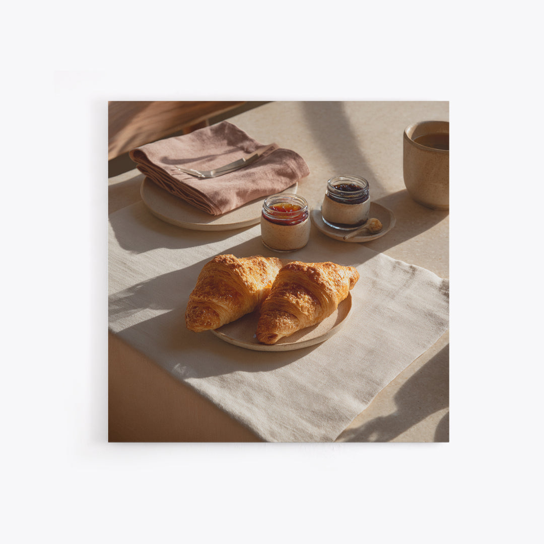 Fresh Croissants and Jam on a Linen Canvas Print, Bed and Breakfast Art, Folk Art, Living Room Decor, Abstract Art, BAB-1x1-26